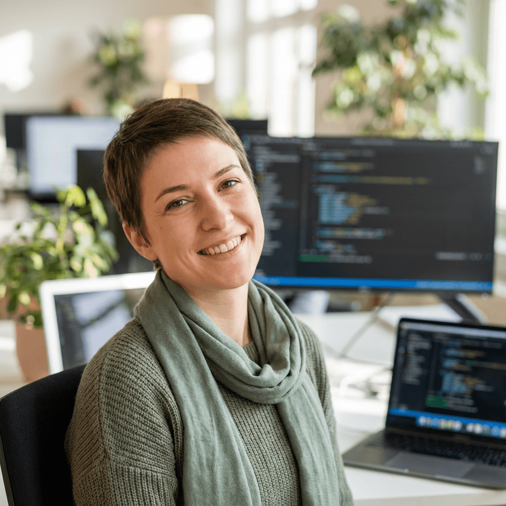 Professional woman in blazer standing in bright modern venue