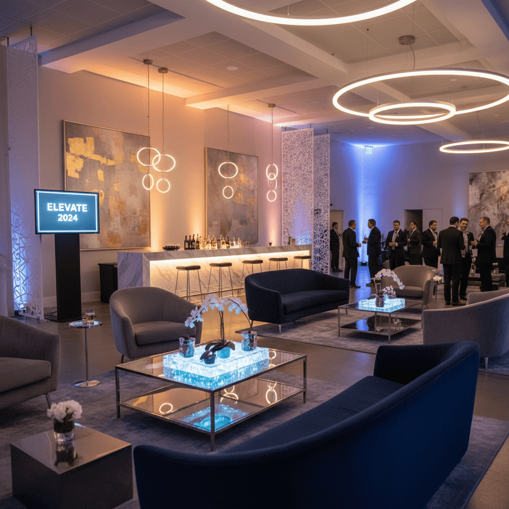 Corporate reception lounge styled with modern decor and warm lighting