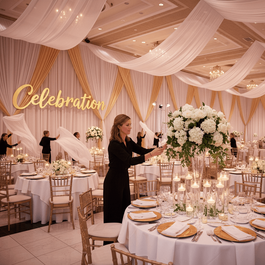 Coordinator styling a banquet hall before guests arrive