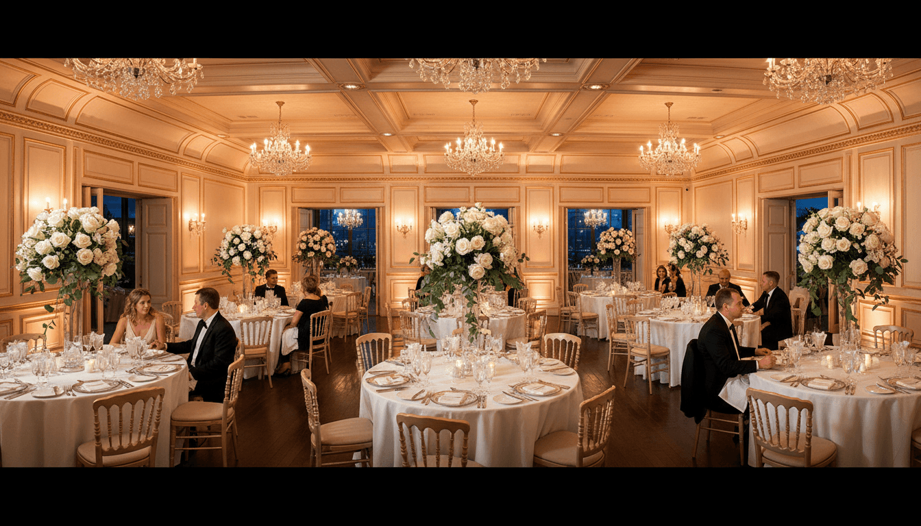 Stylish event venue with candlelit round tables and soft ambient lighting