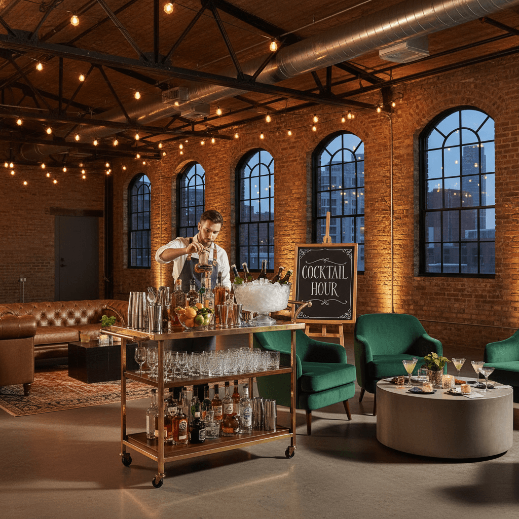 Cocktail hour lounge area in a stylish venue