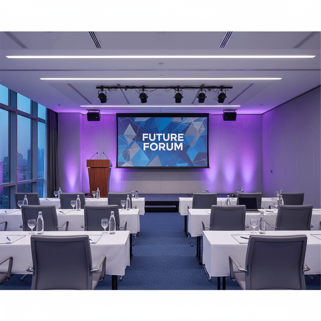 Conference room ready for a keynote presentation