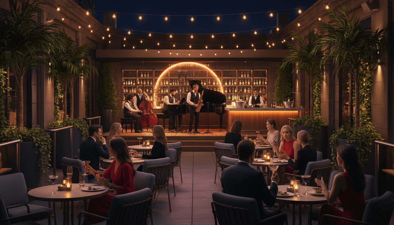 Rooftop event space styled with lounge seating and string lights