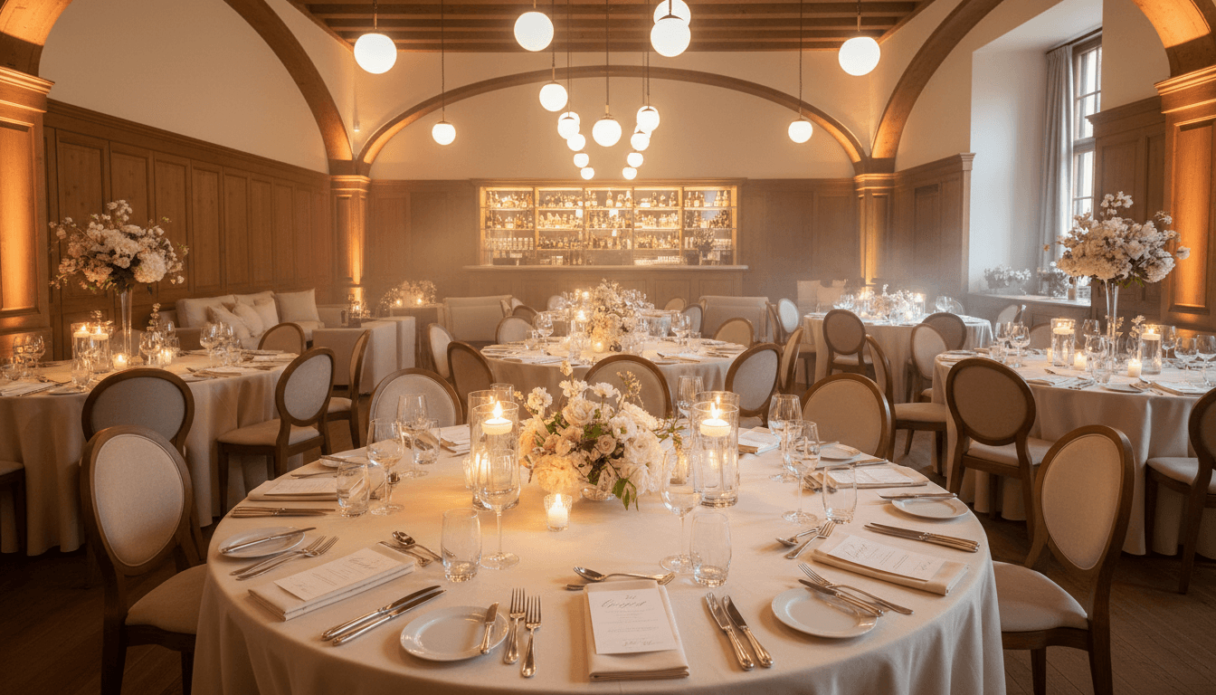 Elegant event venue setup with round tables and floral centerpieces in warm lighting