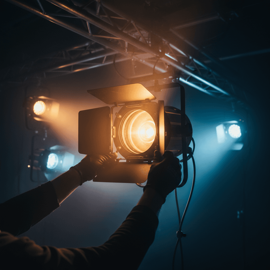 Audiovisual team adjusting lighting for a conference