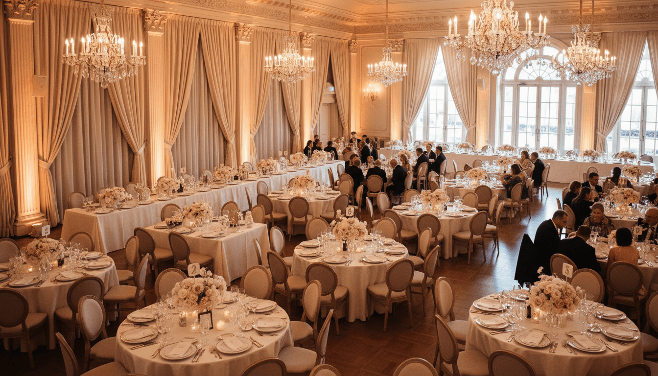 Elegantly styled event venue with draped fabric, floral centerpiece, and warm ambient lighting