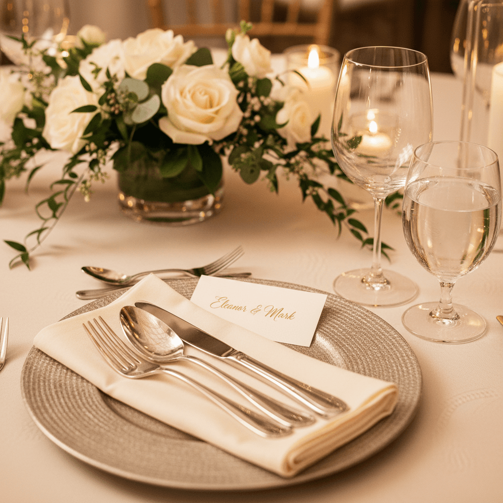 Event stylist arranging table settings before guests arrive