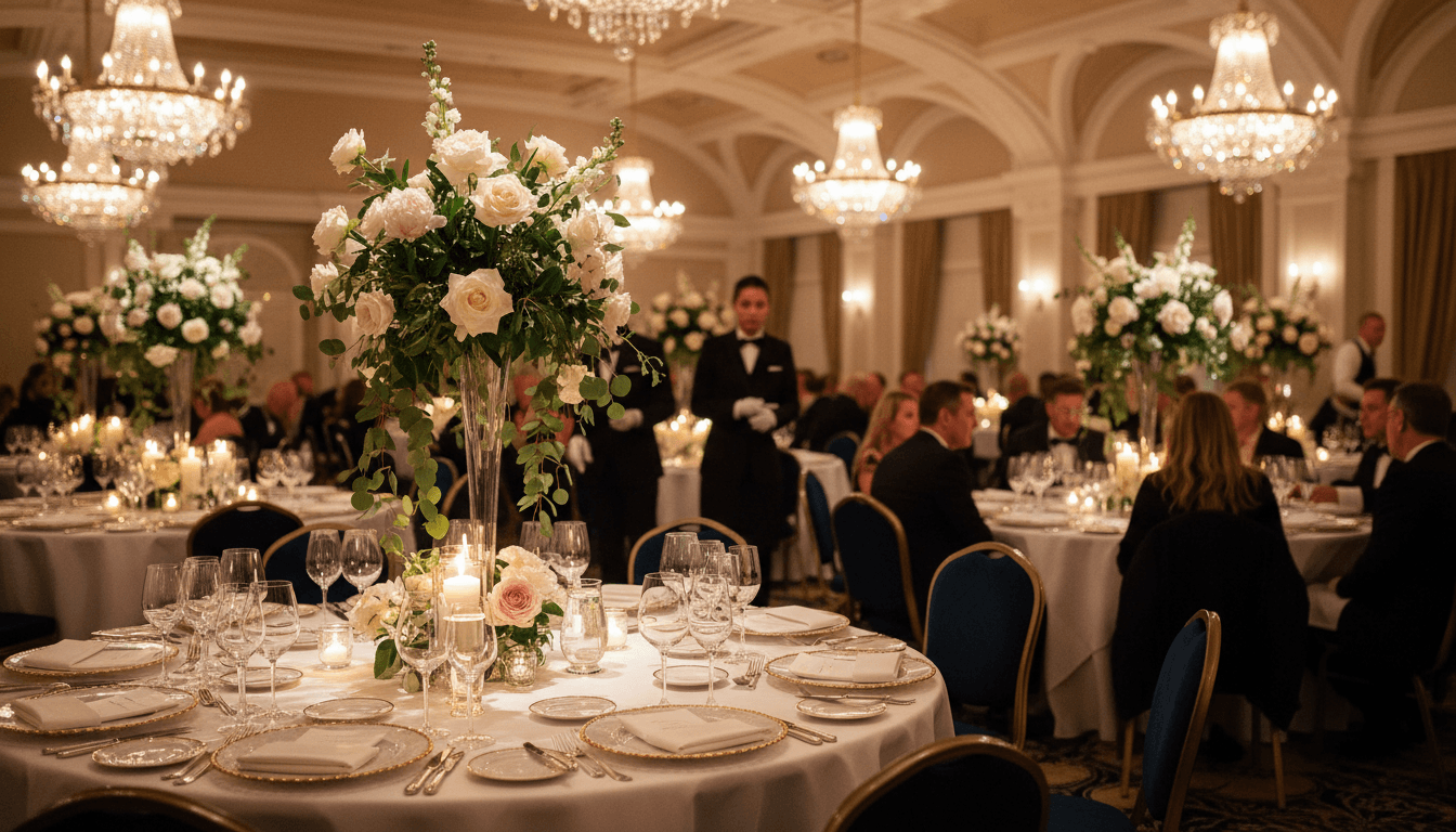 Elegant event table setting with candles and floral centerpiece in a modern venue