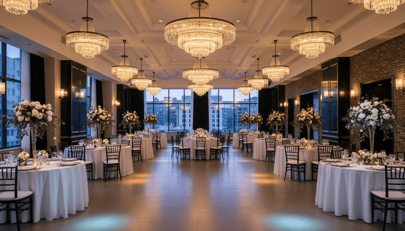 Elegant banquet hall set for a formal dinner with round tables and warm ambient lighting